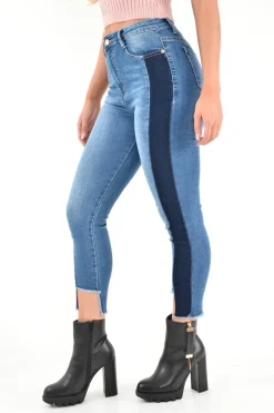 Rebellious Fashion Mid Wash Colour Block Step Hem Jeans - Lianni