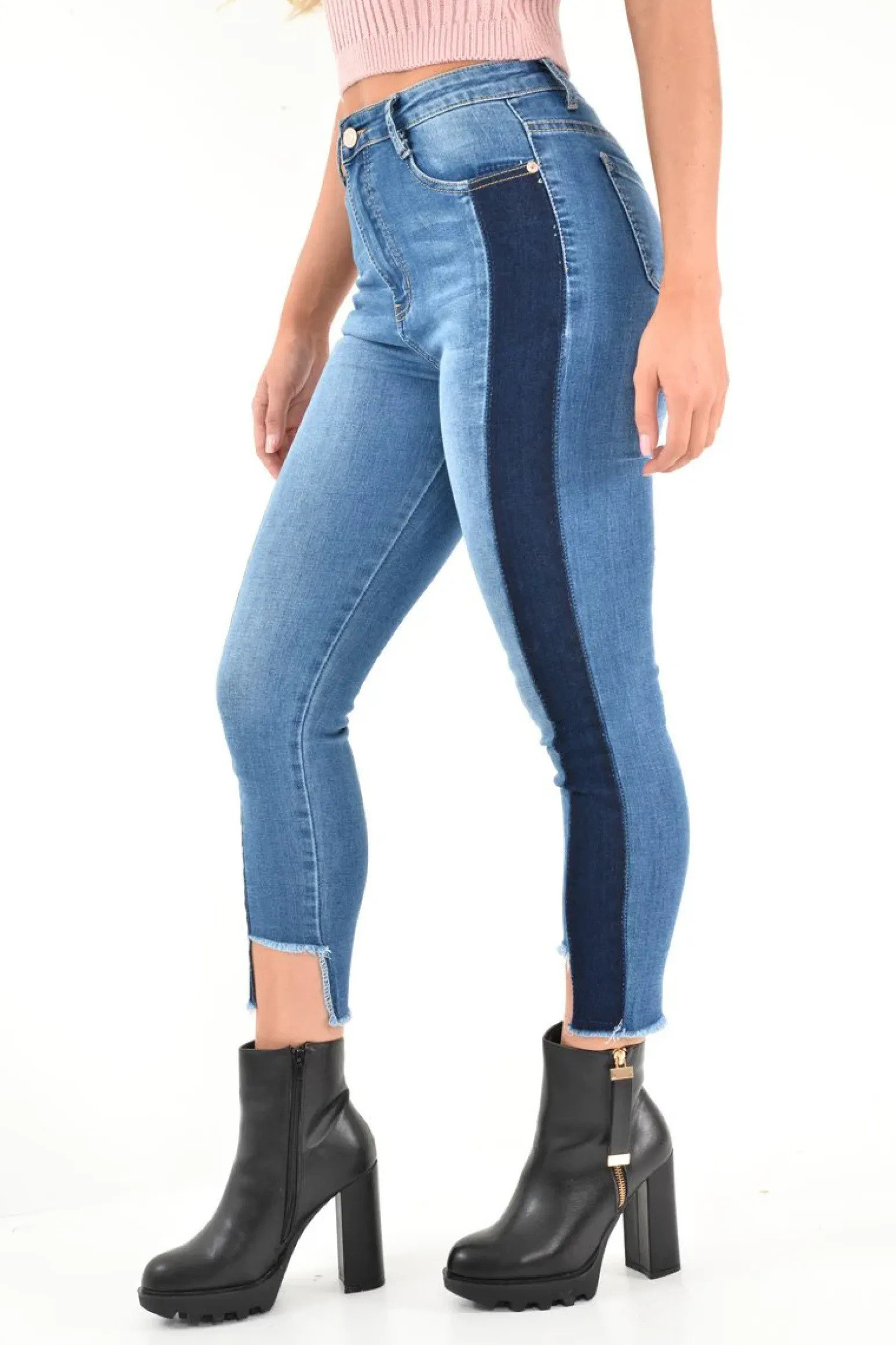 Rebellious Fashion Mid Wash Colour Block Step Hem Jeans - Lianni