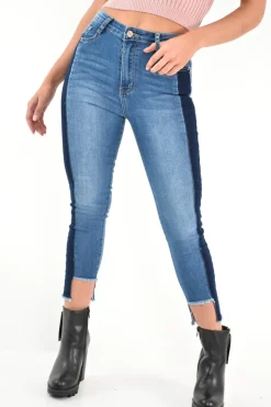 Rebellious Fashion Mid Wash Colour Block Step Hem Jeans - Lianni