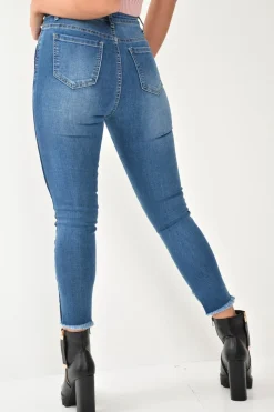 Rebellious Fashion Mid Wash Colour Block Step Hem Jeans - Lianni