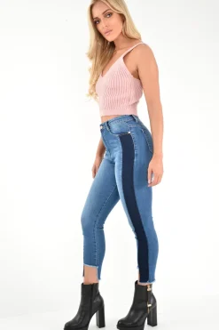 Rebellious Fashion Mid Wash Colour Block Step Hem Jeans - Lianni