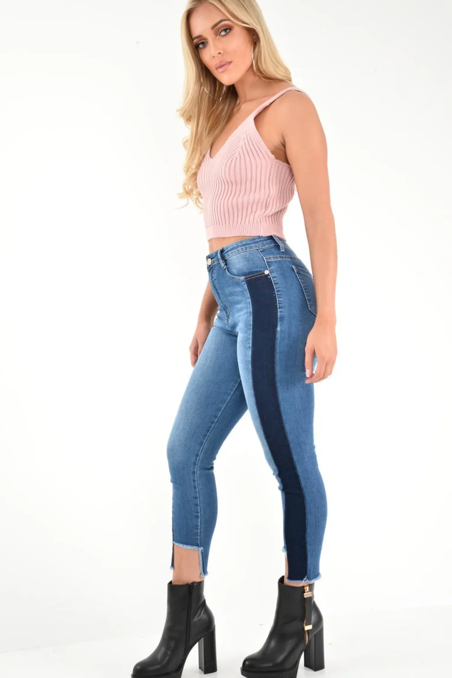Rebellious Fashion Mid Wash Colour Block Step Hem Jeans - Lianni