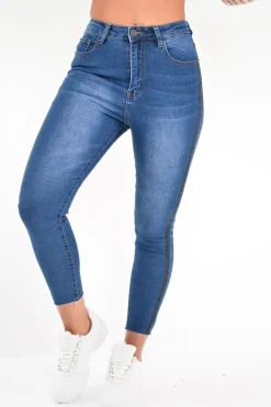 Rebellious Fashion Mid Wash Contrast Stripe Skinny Jeans - Ezzie