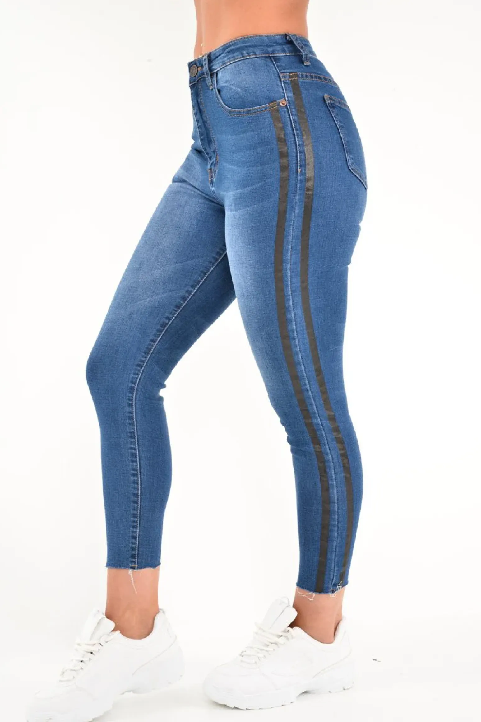 Rebellious Fashion Mid Wash Contrast Stripe Skinny Jeans - Ezzie