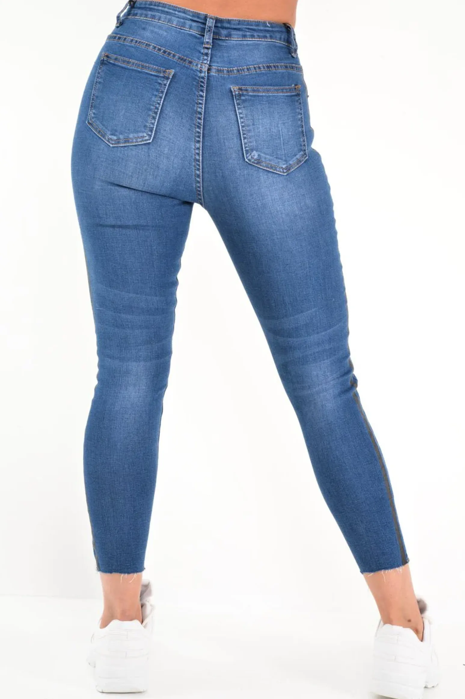Rebellious Fashion Mid Wash Contrast Stripe Skinny Jeans - Ezzie