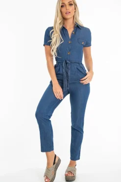 Rebellious Fashion Mid Wash Denim Button Detail Boiler Jumpsuit - Casey