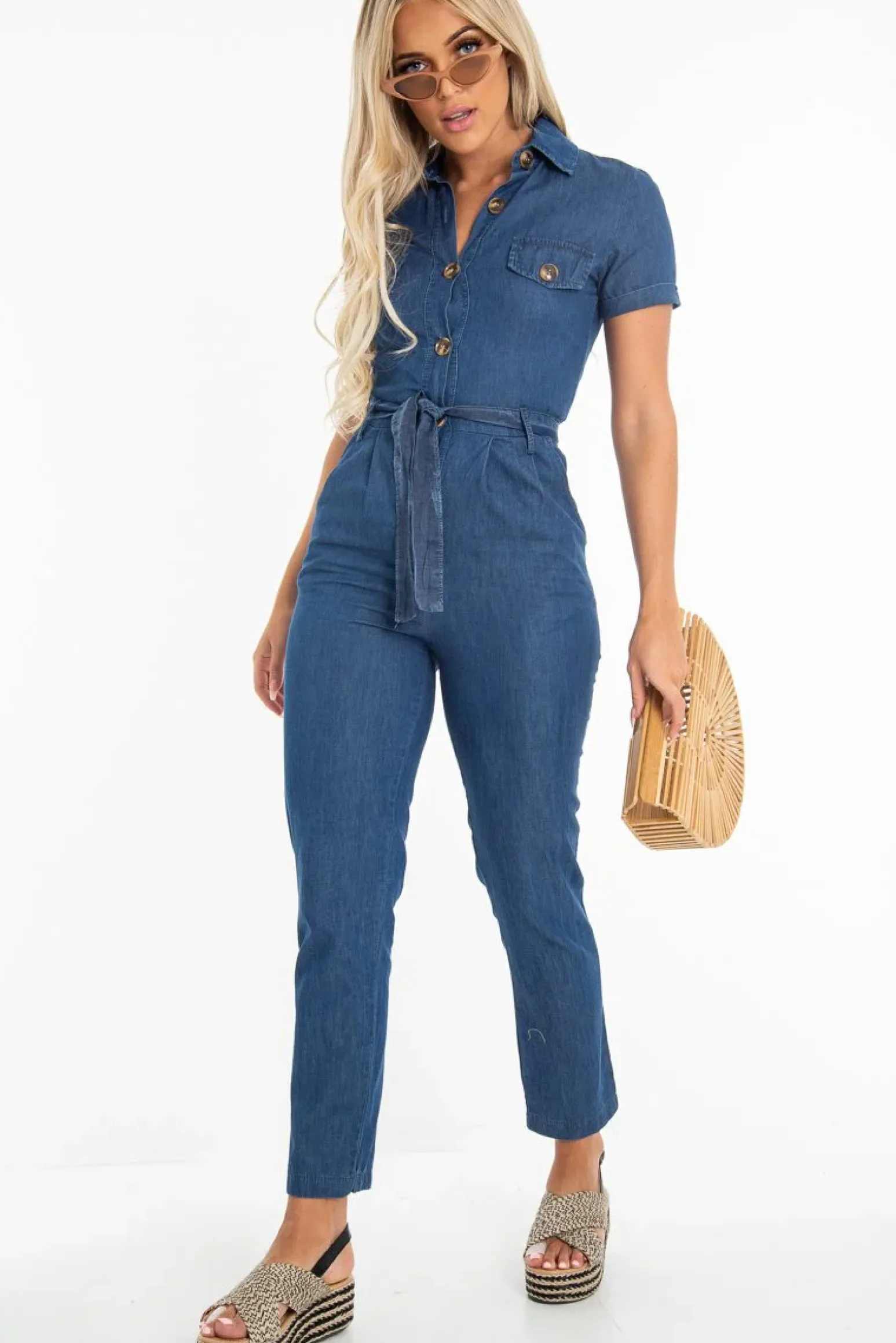 Rebellious Fashion Mid Wash Denim Button Detail Boiler Jumpsuit - Casey