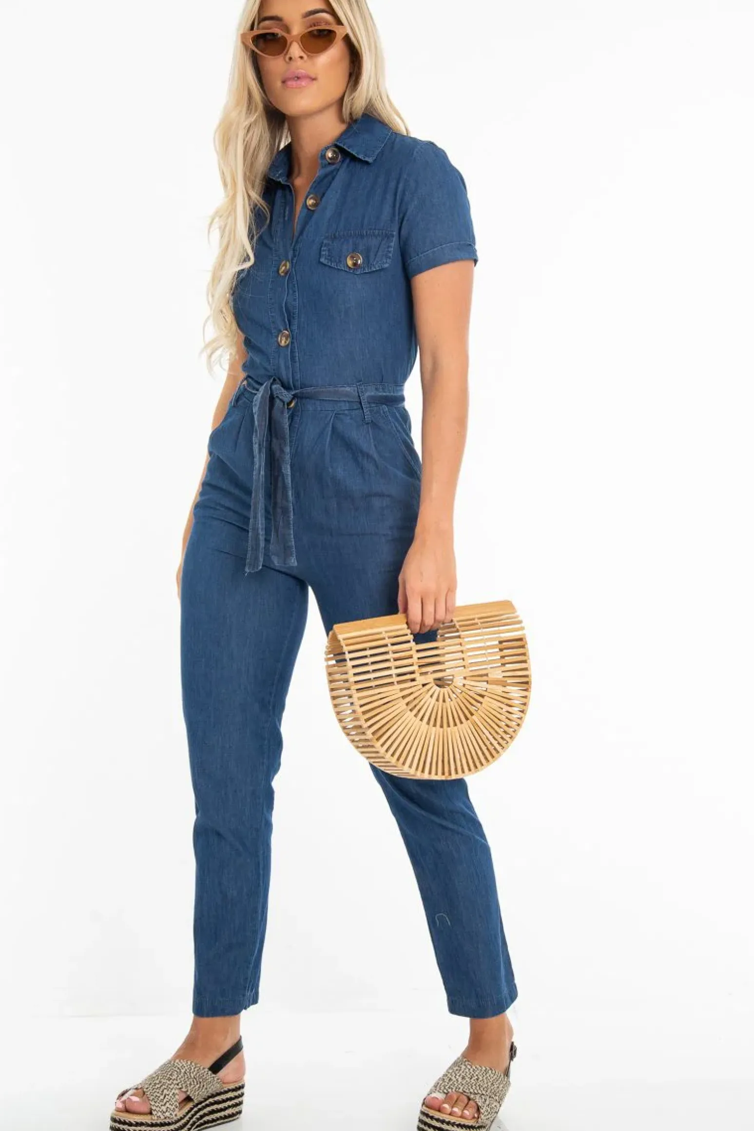 Rebellious Fashion Mid Wash Denim Button Detail Boiler Jumpsuit - Casey