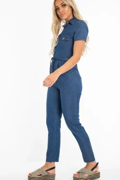 Rebellious Fashion Mid Wash Denim Button Detail Boiler Jumpsuit - Casey