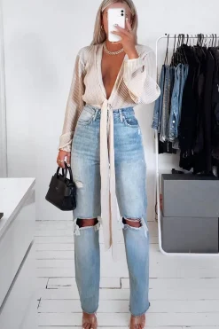 Rebellious Fashion Mid Wash Denim Distressed Knee Extra Long Jeans - Ivelisse