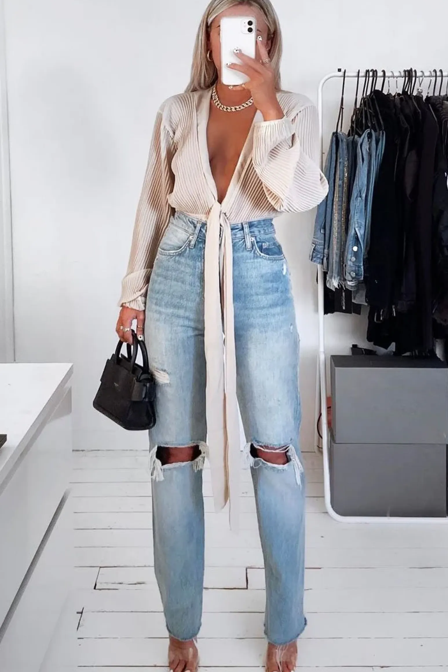 Rebellious Fashion Mid Wash Denim Distressed Knee Extra Long Jeans - Ivelisse