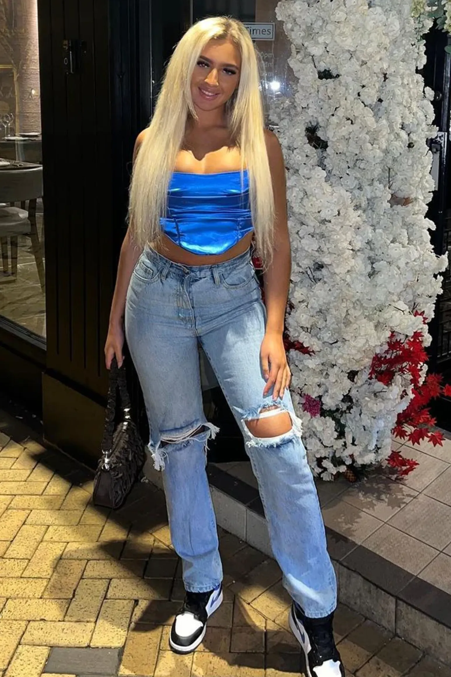 Rebellious Fashion Mid Wash Denim Distressed Knee Extra Long Jeans - Ivelisse