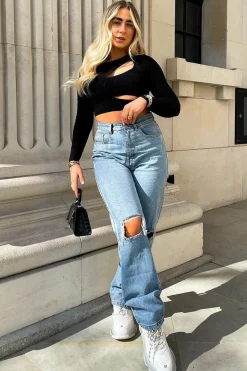 Rebellious Fashion Mid Wash Denim Distressed Knee Extra Long Jeans - Ivelisse