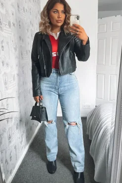 Rebellious Fashion Mid Wash Denim Distressed Knee Extra Long Jeans - Ivelisse