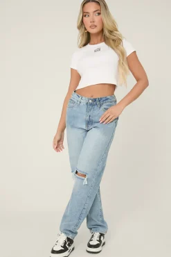 Rebellious Fashion Mid Wash Denim Distressed Knee Extra Long Jeans - Ivelisse
