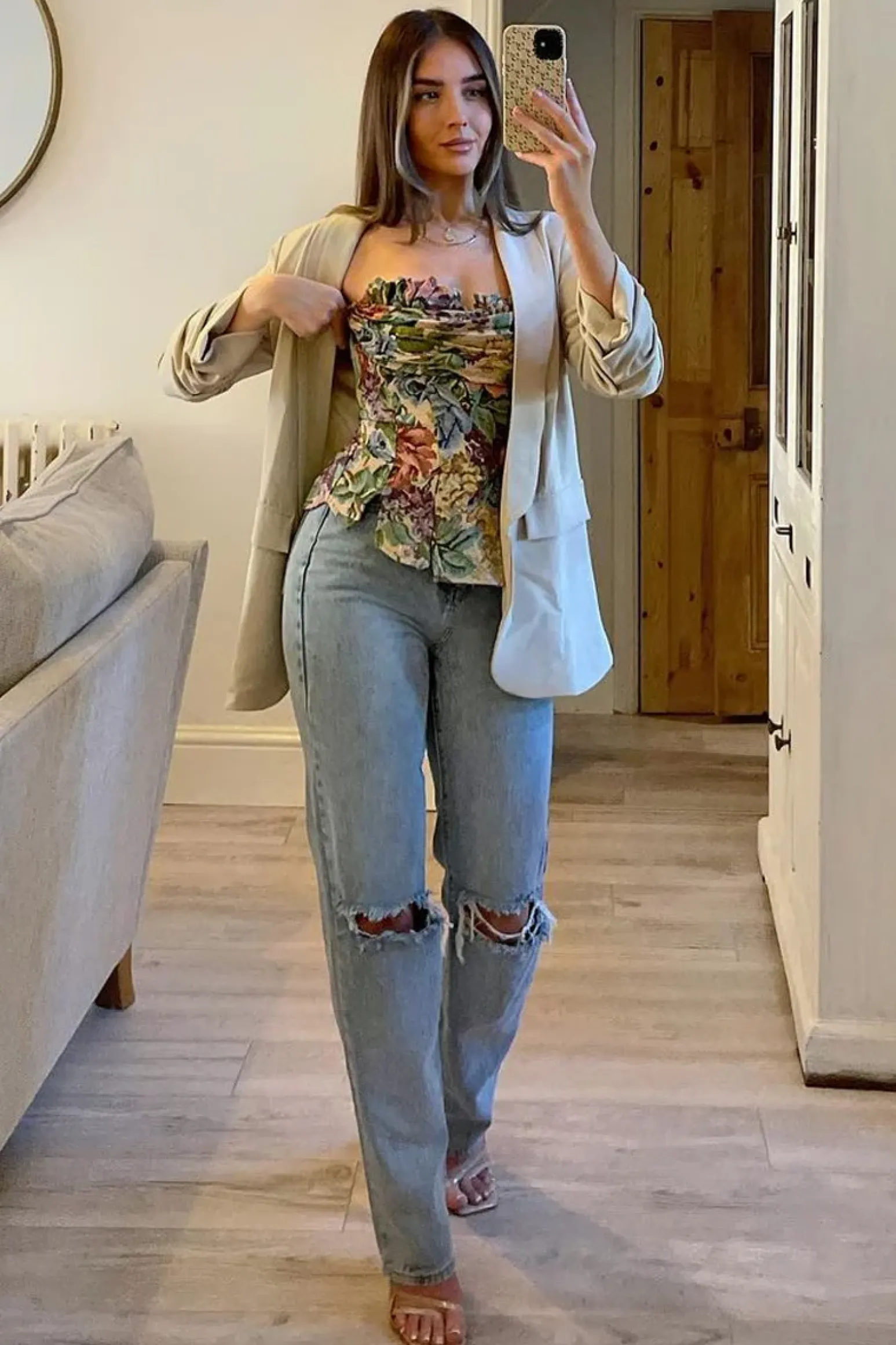 Rebellious Fashion Mid Wash Denim Distressed Knee Extra Long Jeans - Ivelisse