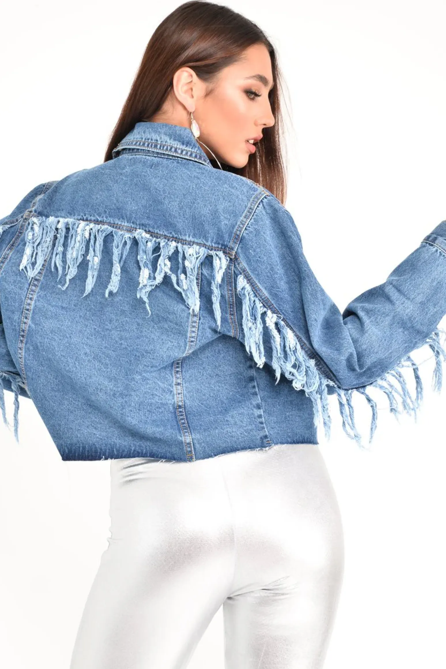 Rebellious Fashion Mid Wash Denim Fray Detail Jacket - Nasya