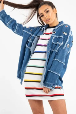 Rebellious Fashion Mid Wash Denim Frayed Eyelet Detail Jacket - Daytona