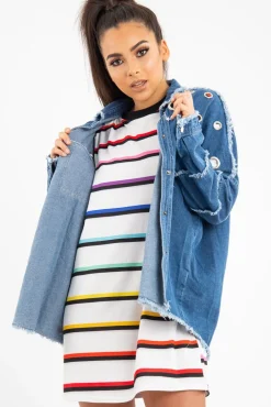 Rebellious Fashion Mid Wash Denim Frayed Eyelet Detail Jacket - Daytona