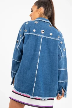 Rebellious Fashion Mid Wash Denim Frayed Eyelet Detail Jacket - Daytona