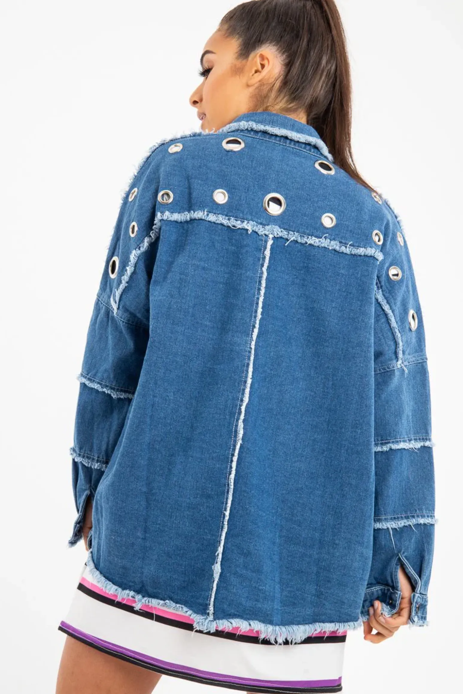 Rebellious Fashion Mid Wash Denim Frayed Eyelet Detail Jacket - Daytona