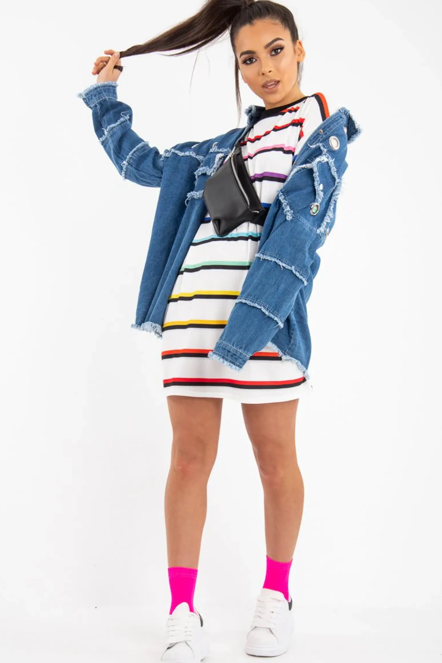 Rebellious Fashion Mid Wash Denim Frayed Eyelet Detail Jacket - Daytona