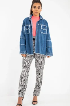 Rebellious Fashion Mid Wash Denim Frayed Studded Detail Jacket - Ashira