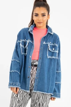 Rebellious Fashion Mid Wash Denim Frayed Studded Detail Jacket - Ashira
