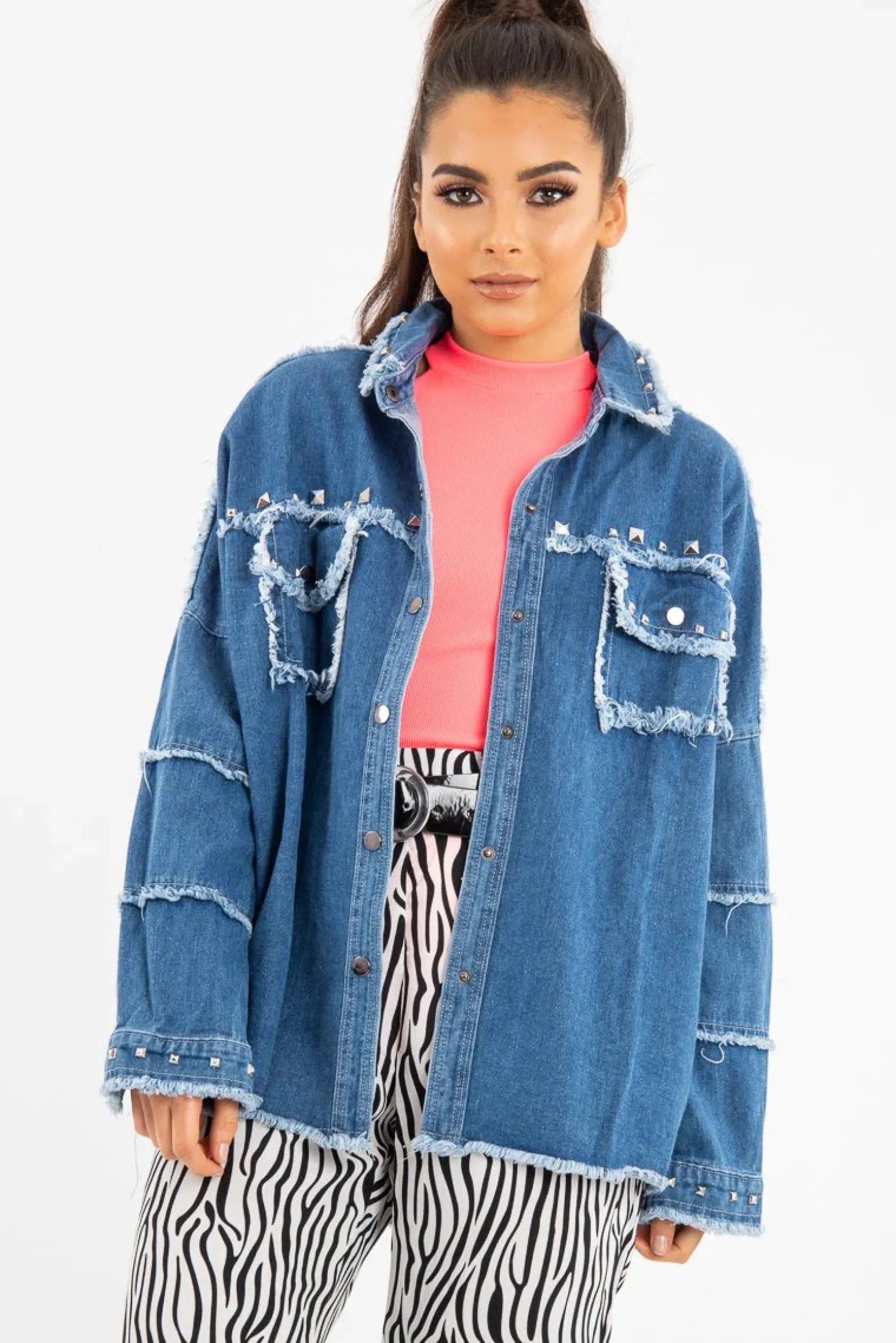 Rebellious Fashion Mid Wash Denim Frayed Studded Detail Jacket - Ashira