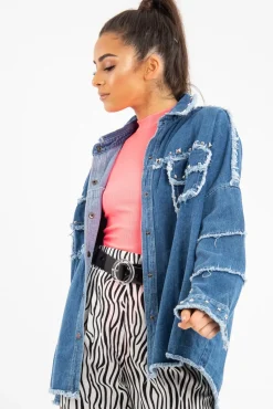 Rebellious Fashion Mid Wash Denim Frayed Studded Detail Jacket - Ashira