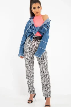 Rebellious Fashion Mid Wash Denim Frayed Studded Detail Jacket - Ashira