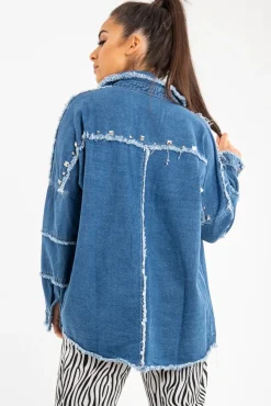 Rebellious Fashion Mid Wash Denim Frayed Studded Detail Jacket - Ashira