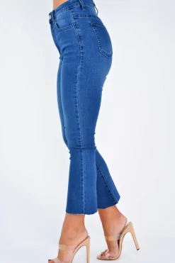 Rebellious Fashion Mid Wash Denim Kick Flare Crop Jeans - Carleigh