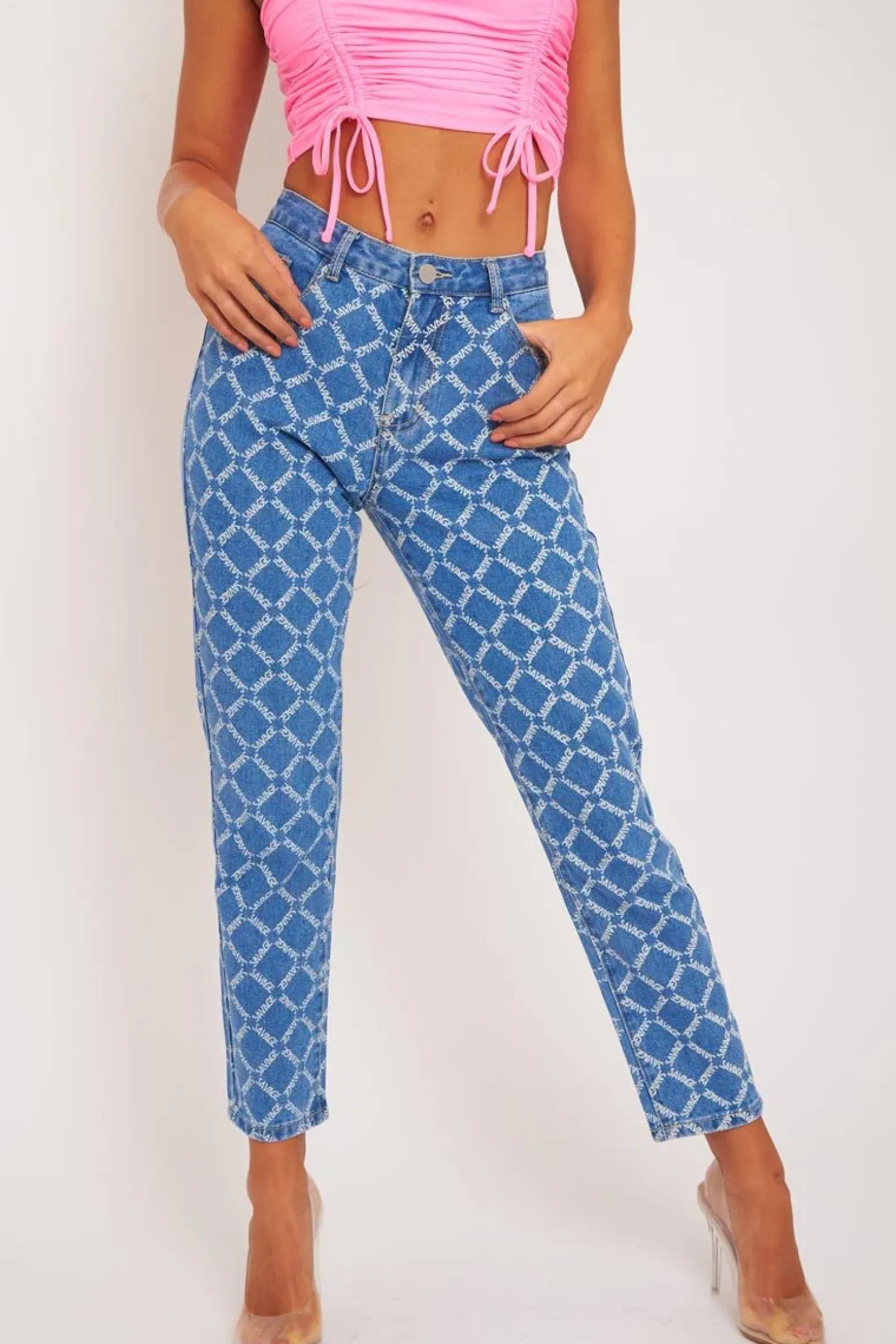 Rebellious Fashion Mid Wash Denim Savage Slogan Print Mom Jeans - Clarisse