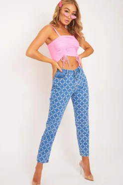 Rebellious Fashion Mid Wash Denim Savage Slogan Print Mom Jeans - Clarisse