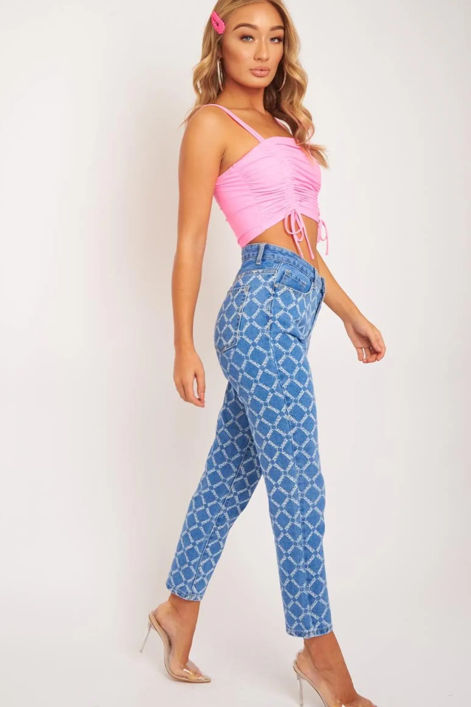 Rebellious Fashion Mid Wash Denim Savage Slogan Print Mom Jeans - Clarisse
