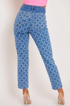 Rebellious Fashion Mid Wash Denim Savage Slogan Print Mom Jeans - Clarisse