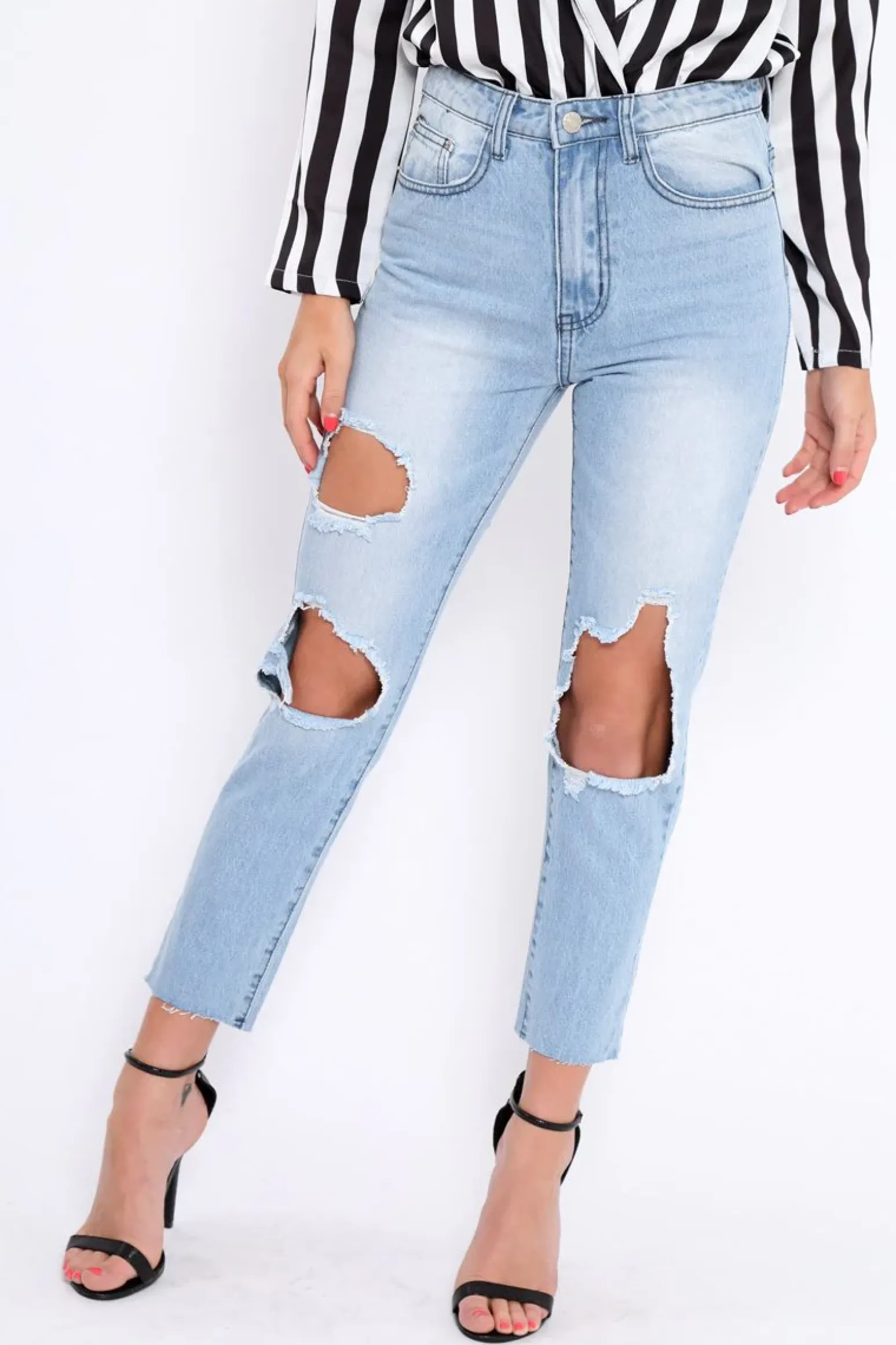 Rebellious Fashion Mid Wash Extreme Open Knee Mom Jeans - Jessie