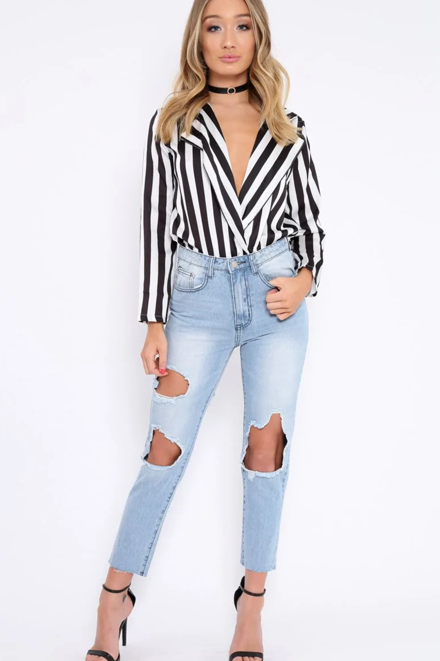 Rebellious Fashion Mid Wash Extreme Open Knee Mom Jeans - Jessie