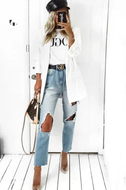 Rebellious Fashion Mid Wash Extreme Open Knee Mom Jeans - Jessie