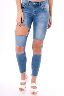 Rebellious Fashion Mid Wash Extreme Ripped Skinny Denim Jeans - Brittnay