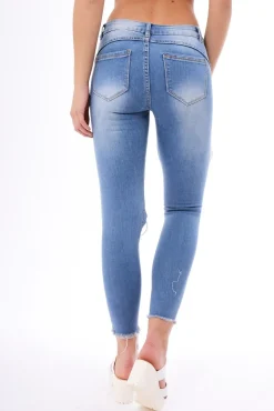 Rebellious Fashion Mid Wash Extreme Ripped Skinny Denim Jeans - Brittnay