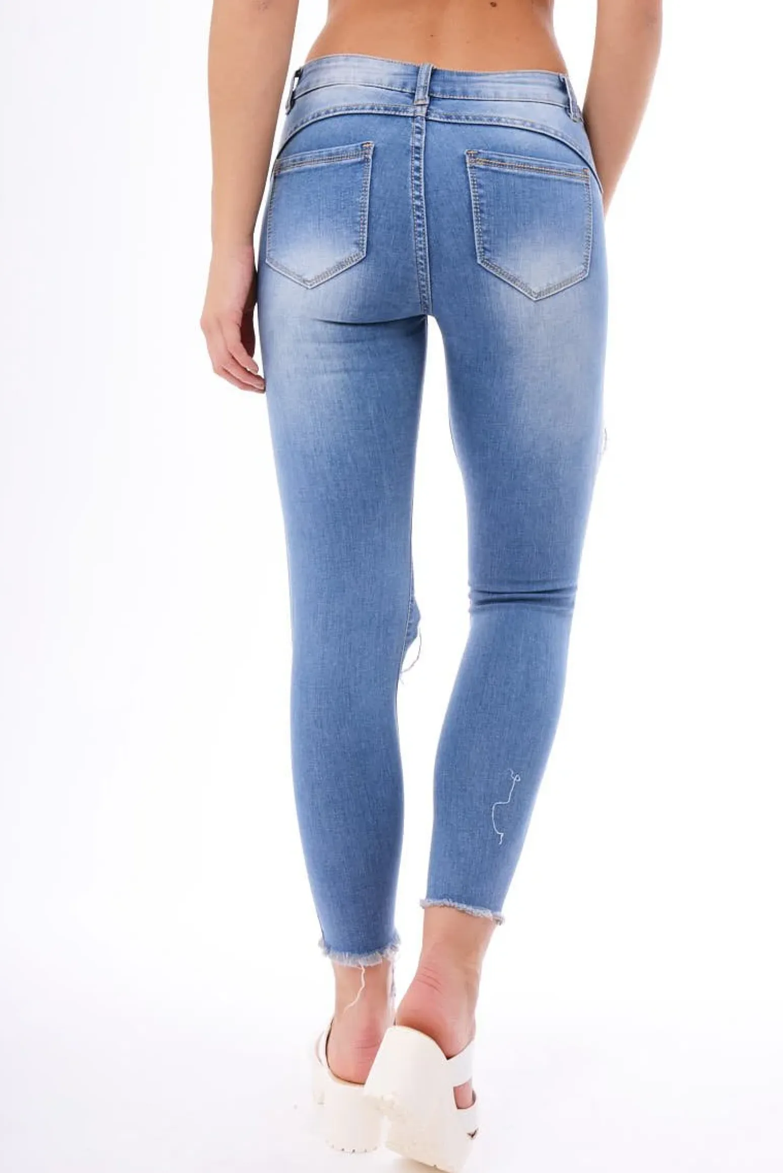 Rebellious Fashion Mid Wash Extreme Ripped Skinny Denim Jeans - Brittnay