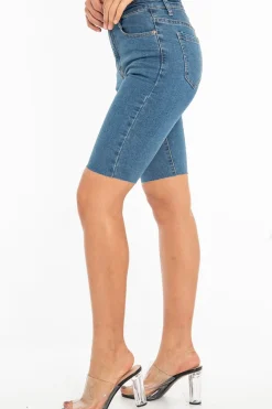Rebellious Fashion Mid Wash Raw Hem Longline Cycle Denim Shorts - Reanna