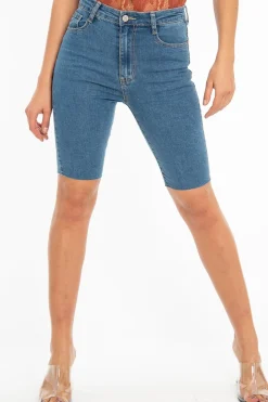 Rebellious Fashion Mid Wash Raw Hem Longline Cycle Denim Shorts - Reanna