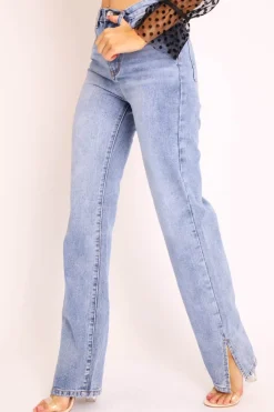 Rebellious Fashion Mid Wash Straight Leg Side Split Hem Jeans - Tashi