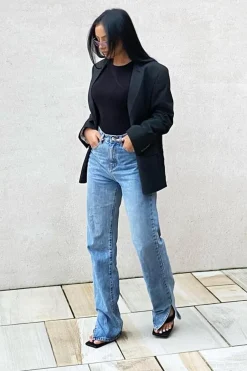 Rebellious Fashion Mid Wash Straight Leg Side Split Hem Jeans - Tashi
