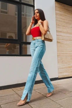 Rebellious Fashion Mid Wash Straight Leg Side Split Hem Jeans - Tashi