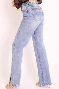 Rebellious Fashion Mid Wash Straight Leg Side Split Hem Jeans - Tashi