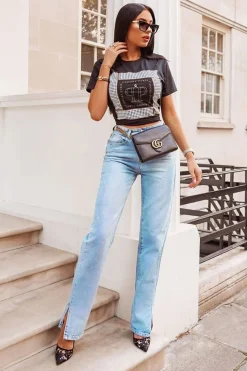 Rebellious Fashion Mid Wash Straight Leg Side Split Hem Jeans - Tashi